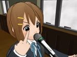  3d angry animated animated_gif blazer blinking blush classroom guitar hair_ornament hairpin hirasawa_yui indoors instrument jacket k-on! lowres microphone middle_finger mikumikudance music ribbon school school_uniform short_hair singing solo standing window 