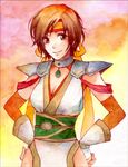  brown_eyes brown_hair female giniro_musou gradient gradient_background hands_on_hips headband nene sengoku_musou sengoku_musou_2 short_hair shoulder_pads solo 