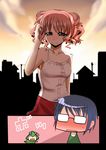  blue_hair blush double_bun glasses hidamari_sketch highres hiro kurosawa_shouichi multiple_girls pink_hair sae short_hair strap_slip sunset twintails ume-sensei wide_face 