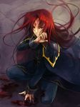  armor blood cape fire_emblem fire_emblem:_seisen_no_keifu kaito_(sawayakasawaday) long_hair male_focus red_eyes red_hair solo squatting yurius_(fire_emblem) 