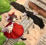  bald_eagle bird bow box brown_hair detached_sleeves donation_box eagle gohei hair_bow hakurei_reimu red_eyes shibasaki_shouji short_hair shrine solo stone_lantern touhou 