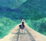  bad_id bad_pixiv_id bag banned_artist dress girlfriend_(vocaloid) kumaori_jun original railroad_tracks scenery short_hair smile solo vocaloid wind 