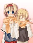  2girls alice_margatroid blonde_hair blue_eyes blush closed_eyes hairband kirisame_marisa multiple_girls pino_(birthdayparty) scarf shared_scarf short_hair touhou 