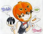 bomb bow bowtie breasts brown_eyes brown_hair candy cleavage copyright_request food gorigo halloween highres jack-o'-lantern medium_breasts pumpkin pumpkin_hat smile solo traditional_media trick_or_treat white_background wrist_cuffs 