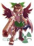  alternate_weapon arm_cannon bad_id bad_pixiv_id black_hair bow cape full_body green_bow hair_bow hakoniwa_tsuka long_hair red_eyes reiuji_utsuho skirt smile solo touhou weapon wings 