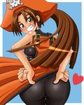  ass bad_id bad_pixiv_id blush brown_eyes brown_hair from_behind gousaikoo grin guilty_gear hat heart long_hair looking_back may_(guilty_gear) pantyhose pirate pirate_hat ponytail skull_and_crossbones smile solo 