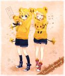  1girl animal_ears bad_id bad_pixiv_id blonde_hair blue_eyes closed_eyes gen_4_pokemon hair_ornament hair_ribbon hairclip highres hood hoodie hug kagamine_len kagamine_rin kneehighs open_mouth pokemon pokemon_(creature) potako red_eyes ribbon shinx shoes short_hair shorts siblings smile sneakers socks tail tears twins vocaloid yawning 