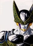  armor artist_request cell_(dragon_ball) dragon_ball dragon_ball_z evil_grin evil_smile grin helmet highres male_focus muscle perfect_cell red_eyes smile solo traditional_media white_skin 