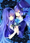  1girl bad_id bad_pixiv_id blue_eyes dress flower formal hairband hat holding_hands long_hair original purple_hair rose suit top_hat wings yuzuki_karu 