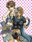  2girls armor bandana bandanna bare_shoulders brown_eyes brown_hair butz_klauser cape dissidia_final_fantasy earrings female final_fantasy final_fantasy_ii final_fantasy_v frioniel genderswap grey_hair hands_on_hips jewelry midriff multiple_girls navel purple_eyes short_hair shouchuu_nikuwari shoulder_pads thigh-highs thighhighs tiara violet_eyes wink 