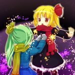  :o blonde_hair coat daiyousei green_hair hair_ribbon multiple_girls outstretched_arms red_eyes ribbon rumia scarf short_hair spread_arms tona_(nekotte) touhou 