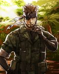  ammunition_pouch beard big_boss brown_hair camouflage cigar eyepatch facial_hair gloves headband holster load_bearing_equipment male_focus manly metal_gear_(series) metal_gear_solid_3 naked_snake nature pouch sjw_kazuya solo stabo_harness 