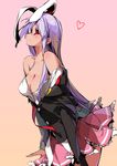  animal_ears bad_id bad_pixiv_id bare_shoulders breasts bunny_ears cleavage heart highres large_breasts long_hair necktie no_bra pleated_skirt purple_hair red_eyes red_neckwear reisen_udongein_inaba sakura_sora simple_background skirt solo touhou undressing 