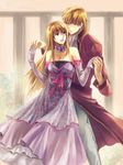  1girl bad_id bad_pixiv_id bare_shoulders blonde_hair brother_and_sister choker cravat dancing dress elbow_gloves eltoshan_(fire_emblem) fire_emblem fire_emblem:_seisen_no_keifu formal gloves holding_hands jewelry kaito_(sawayakasawaday) lachesis_(fire_emblem) long_hair pendant royal siblings 