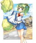  alternate_hairstyle armband blue_eyes cheerleader detached_sleeves frog fuyouchu green_hair kedama kochiya_sanae long_hair midriff navel parody pom_poms ponytail rope shimenawa solo touhou 