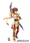  1girl a.k-show armpits big_breasts breasts brown_eyes brown_hair cleavage dagger elbow_gloves female full_body gloves headband hips large_breasts nene sengoku_musou sengoku_musou_2 short_hair smile solo weapon white_background wide_hips 