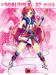  ahoge android belt blush boots dress gloves guitar headphones headset instrument kneehighs long_hair multicolored multicolored_clothes multicolored_legwear nana_(artist) red_eyes red_hair robot_joints sf-a2_miki socks solo star striped striped_gloves striped_legwear very_long_hair vocaloid wrist_cuffs zoom_layer 