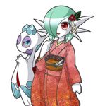  blush clothed_pokemon costume flower froslass gardevoir gen_3_pokemon gen_4_pokemon japanese_clothes kimono no_humans pokemon pokemon_(creature) white_moon 