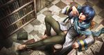  album_cover barefoot blue_eyes blue_hair blue_scarf book bookshelf chair checkered checkered_floor cover fountain_pen from_above indoors kaito looking_at_viewer male_focus navel open_pants pants paper pen scarf sitting solo table ujuju vocaloid 
