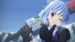  ;d advent_cirno black_gloves blue_dress blue_hair blue_sky blush boko_(maniacpurple) carrying_over_shoulder cirno dress gloves grin hand_gesture holding holding_sword holding_weapon looking_at_viewer mountain one_eye_closed open_mouth outdoors over_shoulder short_hair sideways_glance single_glove sky smile solo sword sword_over_shoulder thumbs_up touhou upper_body weapon weapon_over_shoulder 