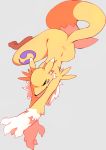  2018 ambiguous_gender anthro black_sclera chest_tuft digimon fur hi_res lying nude on_front paperclip_(artist) renamon simple_background solo stretching tuft yellow_fur 