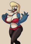  anthro avian big_breasts blonde_hair breasts cartoon_network clothing female hair mordecai&#039;s_mom nipples regular_show ring smile solo thingshappen undressing 