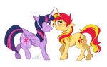  2015 alpha_channel blush cutie_mark cyan_eyes dennybutt duo equestria_girls equine eye_contact female feral friendship_is_magic fur hair horn long_hair mammal multicolored_hair my_little_pony purple_eyes purple_fur simple_background sunset_shimmer_(eg) transparent_background twilight_sparkle_(mlp) two_tone_hair unicorn winged_unicorn wings yellow_fur 