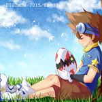  blue_sky botamon brown_hair bubble cargo_shorts cloud copyright_name crossed_legs dated day digimon digimon_adventure_tri. egg from_side gloves goggles goggles_on_head grass highres outdoors serika_sakamoto shoes shorts sitting sky sleeping sneakers white_gloves yagami_taichi 