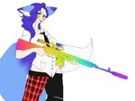  blue_eyes blue_fur blue_hair canine cat clothing cornflower crossgender face_paint feline female fox fur gun hair mammal necktie pants ranged_weapon shirt weapon 