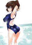  ass brown_eyes brown_hair competition_swimsuit flat_ass hair_ribbon ise_(kantai_collection) kantai_collection one-piece_swimsuit ponytail ribbon shinama short_hair solo swimsuit wet 