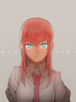  aqua_eyes bad_id bad_pixiv_id fronttire grey_background highres jacket long_hair looking_at_viewer makise_kurisu necktie red_hair shirt simple_background smile solo steins;gate 