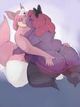  bow breasts butt butt_grab clothing female female/female hair hand_on_butt kissing leggings legwear muk nidoqueen nintendo overweight pink_hair pok&eacute;mon purple_skin shamelesss tanya_(mcnasty) video_games 