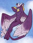  2015 avian blue_eyes feathers flaccid fur gryphon looking_at_viewer male naughty_face nipple_piercing nipples nude penis piercing pinup pose purple_fur purple_penis solo toned vertigo wings ziblie 