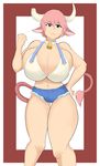  2015 animal_humanoid big_breasts blue_eyes bovine breasts broken_horn cleavage clothed clothing cow_humanoid cowbell female fist hair hand_on_hip horn huge_breasts humanoid mammal navel pink_hair redx331 shorts solo tight_clothing 