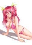  arm_support bangs bikini blush breasts cleavage covered_nipples hair_ribbon large_breasts long_hair muffin_(sirumeria) navel pink_bikini rakudai_kishi_no_cavalry red_eyes red_hair ribbon shadow side-tie_bikini sitting solo stella_vermillion string_bikini swimsuit two_side_up white_background 