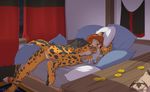  anus bed breasts butt cheetah coin curtains feline female gold_(metal) gold_coin king_cheetah mammal money night nude pussy sleeping solo sonsasu table window 