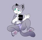  bulge cat clothed clothing feline fur green_eyes grey_fur half_naked leadshoes leo_(vg_cats) male mammal nintendo nintendo_ds paws purple_underwear raised_eyebrow smirk solo_focus spread_legs spreading teeth underwear vg_cats video_games white_fur 