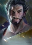  1boy absurdres artist_name beard black_hair facial_hair goatee hair_over_one_eye hanzo_(overwatch) highres looking_at_viewer male_focus mucuzi overwatch portrait realistic watermark 