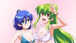  aizawa_nagisa_(jitsu_wa) bikini blue_hair derivative_work fangs green_eyes green_hair highres jitsu_wa_watashi_wa long_hair looking_at_viewer multiple_girls orange_eyes polka_dot polka_dot_background ponytail ryoumei50 shiragami_youko simple_background smile swimsuit v very_long_hair 