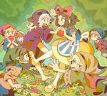  5boys apple bad_id bad_pixiv_id barefoot blonde_hair blue_eyes bow brown_hair fighting food fruit hair_bow hat ika_sen long_hair multiple_boys multiple_girls open_mouth pointy_ears profile short_hair snow_white_(disney) snow_white_and_the_seven_dwarfs white_hair 