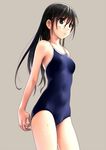  black_hair breasts brown_background brown_eyes cameltoe competition_school_swimsuit contrapposto cowboy_shot katahira_masashi long_hair one-piece_swimsuit original parted_lips school_swimsuit simple_background small_breasts solo standing swimsuit wet wet_hair 