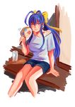  antenna_hair blazblue blazblue_remix_heart blue_hair blush bow breasts cup door drinking_glass fan genderswap genderswap_(mtf) glass hair_bow large_breasts long_hair mai_natsume one-piece_tan one_eye_closed paper_fan ponytail red_eyes ribbon semi-transparent shirt shorts sitting solo sweat t-shirt tan tanline tray uchiwa wet wet_clothes wet_shirt wet_t-shirt yellow_bow 