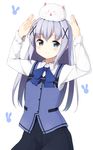  angora_rabbit animal animal_on_head arms_up blue_eyes blue_hair blush bunny bunny_on_head fluffy gochuumon_wa_usagi_desu_ka? hair_ornament hairclip kafuu_chino long_hair long_sleeves looking_at_viewer on_head open_mouth rabbit_house_uniform ribbon simple_background skirt smile sui_(tsuruhibiki) tippy_(gochiusa) waitress white_background x_hair_ornament 