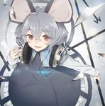  album_cover animal_ears capelet cover dowsing_rod dress gem grey_dress grey_hair hayashi_kewi headphones jewelry looking_at_viewer lowres mouse_ears mouse_tail nazrin necklace open_mouth pendant red_eyes smile solo tail touhou 