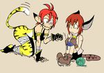  animal_ears animal_print bare_shoulders bell bell_collar breath_of_fire breath_of_fire_ii brown_hair cat_ears cat_tail collar dark_cloud fang fingerless_gloves gloves multiple_girls paw_pose pointy_ears red_hair rinpoo_chuan setz sitting slit_pupils tail tiger_print xiao_(dark_cloud) yarn yarn_ball yellow_eyes 