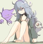  ahoge al_bhed_eyes bare_legs barefoot blush book book_hug dress duskull eighth_note feet gen_1_pokemon gen_3_pokemon hairband haunter hex_maniac_(pokemon) highres holding holding_book long_hair looking_away messy_hair muroi_(fujisan0410) musical_note pale_skin panties pantyshot pantyshot_(sitting) pokemon pokemon_(creature) pokemon_(game) pokemon_xy purple_eyes purple_hair purple_hairband sitting smile sweater underwear white_panties 