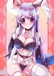  animal_ears black_bra black_panties bra breasts breasts_outside bunny_ears cleavage condom_wrapper first_aid_kit lace lace-trimmed_bra lace-trimmed_panties large_breasts long_hair miuku_(marine_sapphire) no_pants open_clothes open_shirt panties purple_hair red_eyes reisen_udongein_inaba shirt sitting solo thighhighs touhou underwear white_legwear 