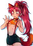  2015 animal_ears antenna_hair bad_id bad_tumblr_id bangs bare_shoulders blush bow breasts collar cosplay cowboy_shot crop_top ddhew dog_collar embarrassed fang hair_bow high_ponytail highres kasumi_(pokemon) kasumi_(pokemon)_(cosplay) long_hair looking_down mahou_shoujo_madoka_magica midriff navel no_bra open_mouth outstretched_hand pokemon pokemon_(anime) pokemon_(classic_anime) ponytail red_eyes red_hair sakura_kyouko shorts simple_background sleeveless small_breasts solo strap_pull suspenders suspenders_pull tail underboob watermark web_address white_background wolf_ears wolf_tail 