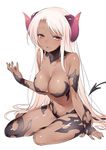 47agdragon bare_shoulders barefoot breasts cleavage dark_skin demon_girl demon_tail fang full_body highres horns jpeg_artifacts large_breasts long_hair navel original red_eyes simple_background sitting smile solo tail very_long_hair white_background white_hair yokozuwari 