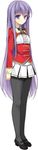  absurdres blush fujimori_yuu full_body high_collar highres koikishi_purely_kiss long_hair long_sleeves looking_at_viewer non-web_source pantyhose pleated_skirt purple_eyes purple_hair shoes simple_background skirt solo standing very_long_hair white_background yuuki_hagure 